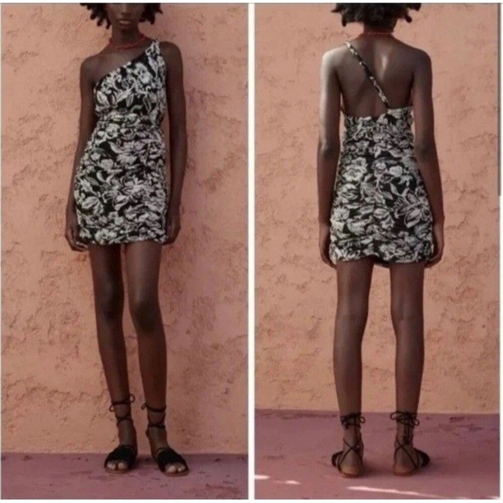 Zara Floral One Shoulder Cocktail Mini Dress Ruched Y2K Romantic Black White S